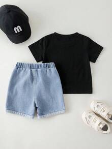 SHEIN 男婴夏季休闲字母印花T恤和浅蓝色短裤两件套 - 黑色 - 查看 2