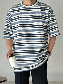 DAZY Áo thun nam tay ngắn cổ tròn kẻ sọc dáng rộng, thích hợp mặc mùa hè. - Nhiều màu - Xem 3
