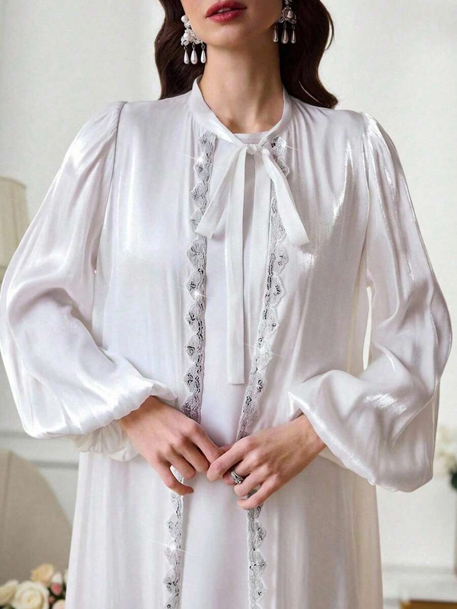 Al Najma Conjunto de bata de manga larga con decoración de rhinestones y vestido de cuello redondo sin mangas, estilo árabe abaya para mujer - Blanco - Ver 1