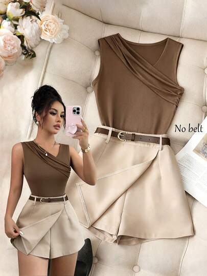 Franclia Brown Stretch Knit Sleeveless Vest With An Asymmetrical Neckline, Designed To Flatter A Slim Fit, Paired With Apricot-Colored Stylish Culottes - A Two-Piece Women's Set. Suitable For Everyday Wear, Commuting, Business Occasions, Dates, And More. A Preppy Style, Perfect From Spring To Summer, Suitable For Valentine's Day, Carnivals, Elegant Women's Wear, Holiday Outfits, And Casual Women's Suits.Fashionable Casual Commuter Wear, Business Office Wear, Versatile And Stylish Everyday Casual Wear, Urban Teacher's Professional Attire