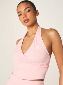 Missguided x Playboy 褶皱露背运动背心，V领裹身式设计，适合健身训练和休闲运动穿着。 - 粉色 - 查看 1