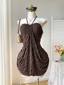 Comfortcana Plus Size Pleated Knit Jacquard Textured Backless Cami Dress, Casual Vacation Wear, Spring/Summer - Brown - View 6