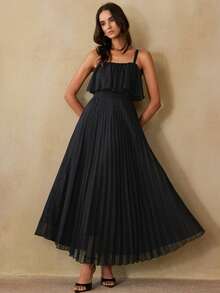 Femmeiva Black Summer Elegant Party Night Spaghetti Strap Pleated Maxi Dress,High-Waisted Chiffon Sleeveless Ruffle Hem Gown For Evening Gala,Dates&Gatherings - Black - View 4