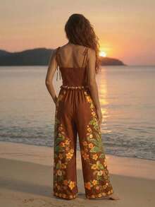 CAJUNI 女士休闲度假热带风情吊带露肩无袖蝴蝶结鹦鹉花叶印花长款连体裤，约会连体裤，休闲优雅连体裤 - 棕色 - 查看 2