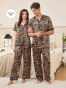 SHEIN Leopard Print Faux Silk Men's Pajama Set - Multicolor - View 6