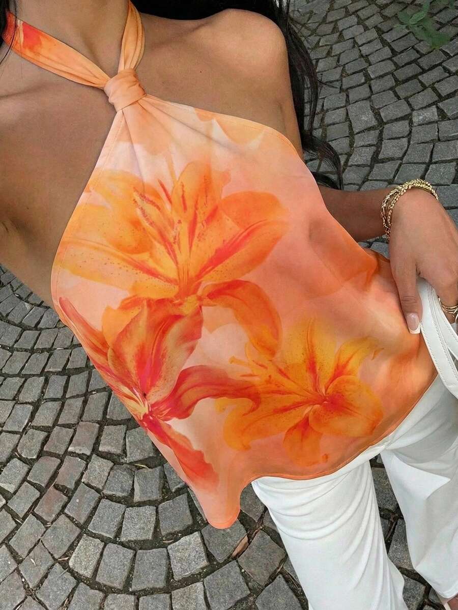 SHEIN EZwear 橙色芙蓉花印花女士吊带上衣，休闲简约度假风，春夏海滩巡航波西米亚西部风情节日海岛女孩复古海滨浪漫度假氛围春假可爱居家柔美女孩洁净女孩音乐节演唱会婚礼宾客城市旅行优雅假日装 - 彩色 - 查看 1