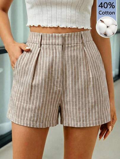 SHEIN Clasi Women's Regular Striped Pleated Woven Versatile Elegant Vacation Casual Commute Shorts, Office Outfits For Women, Work Outfits For Women, Office Wear Women, Suitable For Valentine's Day, Vacations,Casual Everyday Wear