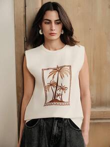 Anewsta 女士休闲街头沙滩度假风棕榈树刺绣白色无袖T恤沙滩上衣女士夏季上衣 - 白色 - 查看 5