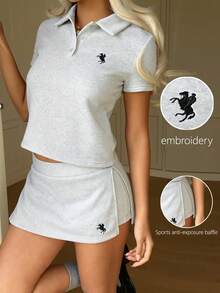 CovetEZ 2pcs Set Women's Casual 2026 New Spring/Summer Home Casual Sporty Fashion Versatile Basic Lapel Button Half-Open Embroidered Pattern Short-Sleeved Top And Skirt Two-Piece Casual Daily Set - Grey - View 3