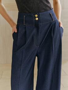 Anewsta Essential Celana Panjang Wanita Pinggang Tinggi Model Lurus, Gaya Retro Girlism untuk Perjalanan Kota, Golf, Kerja, Warna Pastel Musim Gugur - Dark Wash - View 6