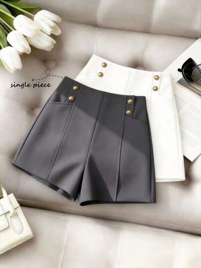 Franclia Women's High Waist Ripped Patchwork Design Shorts, Metal Buckle Decor, Woven Fabric, A-Line All-Match Style, Casual & Fashionable Loose Fit