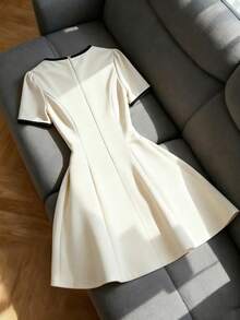 GlowEve Women's Crew Neck Short Puff Sleeve Waist Button Design Elegant Dress - White - View 2