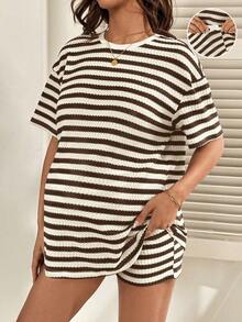 SHEIN Maternity Drop Shoulder Striped 2 Pieces Set - Brown - View 1