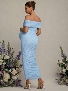 MaterniChic Maternity Solid Color Ruched Off-Shoulder Elegant Short Sleeve Dress - Baby Blue - View 2