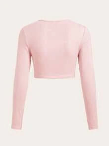 SHEIN BASICS 女士纯色圆领长袖休闲短款T恤 - 淺粉色 - 查看 2