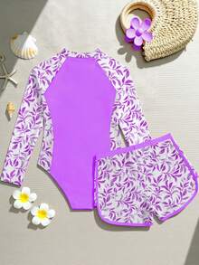 New Stylish Girls Kid's Printed One-Piece Swimsuit - Purple - View 2