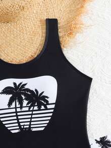 SHEIN 少女连体泳衣，黑色棕榈树印花，带短裤，时尚休闲优雅女士风格，适合夏季游泳、度假、海滩、泳池等场合 - 黑色 - 查看 5