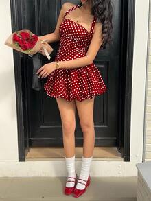 SHEIN EZwear 夏季女士撞色波点印花迷你连衣裙 红色波点连衣裙 波点连衣裙 波点吊带连衣裙 女士波点连衣裙 女士夏季连衣裙 吊带迷你连衣裙 女士连衣裙 - 酒紅色 - 查看 3