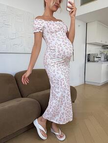 SHEIN Maternity Summer Vacation Style Ditsy Floral Off-Shoulder High Slit Hem Fitted Nursing Dress Maternity Dress Baby Shower Babyshower Dress Pregnancy Photoshoot Dress Bridal Shower Dress Sexy Maternity Dress - Multicolor - View 6