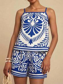 Travachic 女士度假植物印花吊带背心和短裤休闲两件套 - 藍白色 - 查看 3
