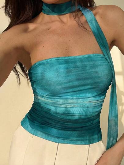 Aloruh Women's Elegant Romantic Tie-Dye Floral Print Ruffle Strapless Blouse