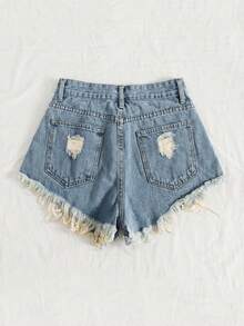 SHEIN EZwear 女士休闲做旧牛仔短裤，带口袋和毛边裤脚，适合日常穿着 - 藍色 - 查看 2