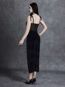 Glisette Elegantes schwarzes ärmelloses Luxus-Samtkleid, Abendkleid mit Mesh-Spaghettiträgern, Schlitzsaum und tiefem V-Ausschnitt, Gothic-Clubkleid für Damen im Herbst, für zierliche Frauen - Schwarz - Übersicht 2