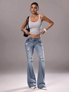 TRNVIE 时尚休闲复古做旧低腰喇叭牛仔裤 - 中等水洗藍 - 查看 6