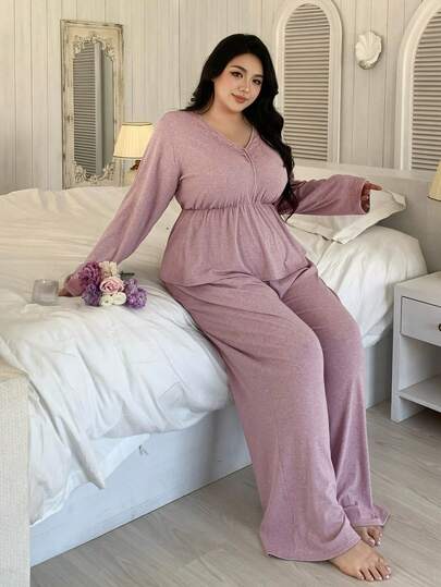 Dazy Plus 大码女式纯色撞色蕾丝长袖荷叶边上衣和裤子睡衣套装