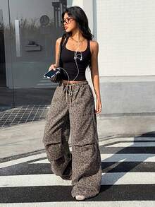 Flirla Quần jeans ống rộng nữ họa tiết da báo, cạp chun, kiểu dáng thường ngày, đa năng. - Nhiều màu - Xem 4