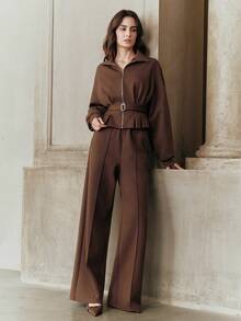 Anewsta 女士优雅上衣，都市时尚简约长袖可调节收腰卫衣 - 咖啡棕 - 查看 1