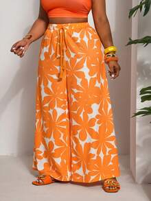 Slaydiva 音乐节度假胜地女士全长印花阔腿裤 - 橘色 - 查看 6