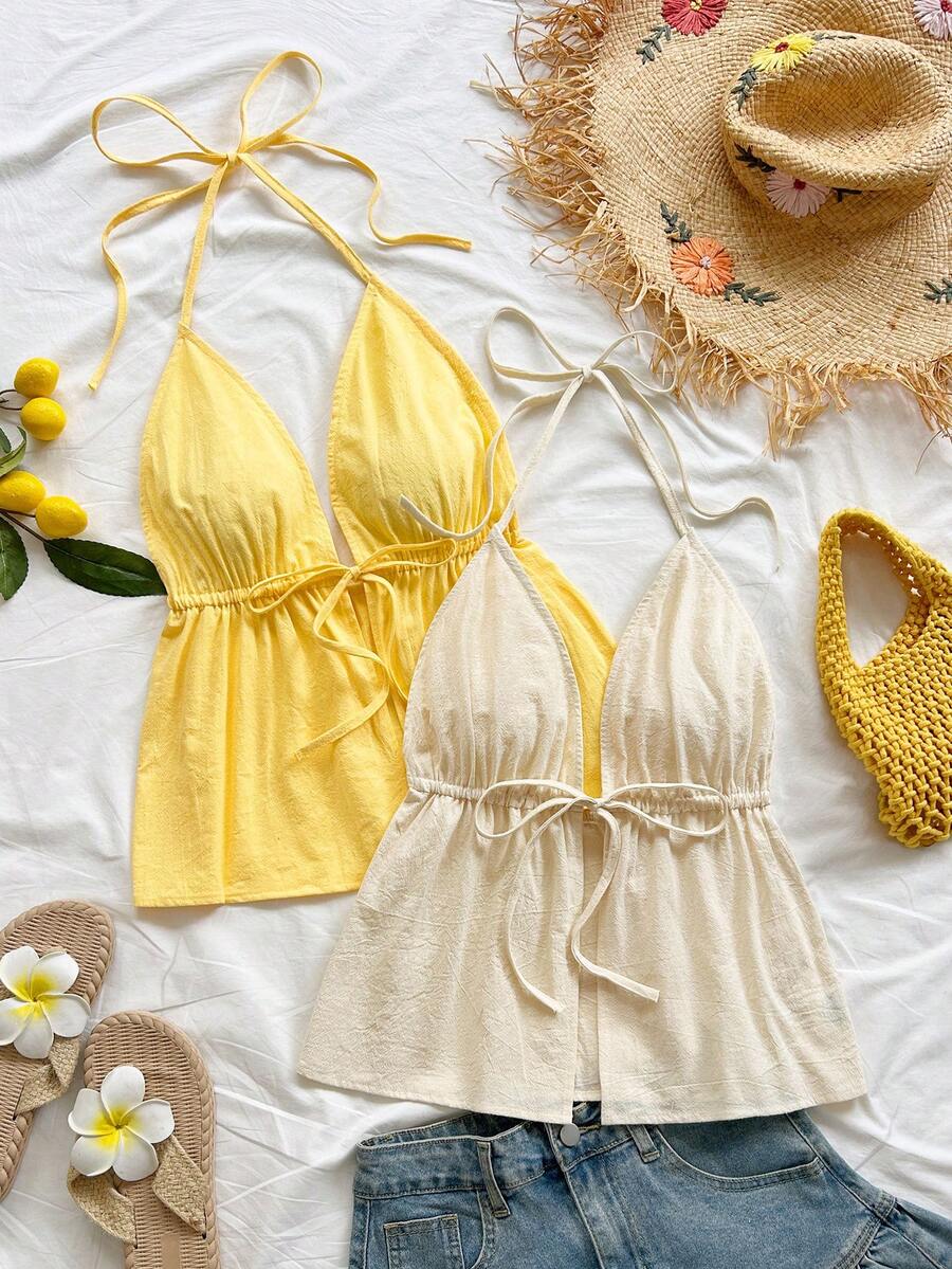 Soleia Bộ 2 áo hai dây gợi cảm họa tiết da báo, cổ yếm, chữ V, hở lưng, chất liệu có họa tiết, thích hợp cho kỳ nghỉ, hẹn hò, tiệc trà chiều, du lịch, lễ hội âm nhạc, phong cách boho. - Nhiều màu - Xem 1