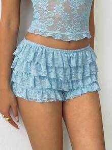 Aloruh Quần short nữ gợi cảm phong cách Punk Rock Bohemian Y2K với ren đen xếp nếp ở gấu quần, quần short cạp siêu thấp bằng ren mới. - Màu xanh lam - Xem 5