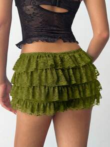 Aloruh Quần short nữ gợi cảm phong cách Punk Rock Bohemian Y2K ren đen xếp nếp, quần short cạp siêu thấp ren mới. - xanh quân đội - Xem 2