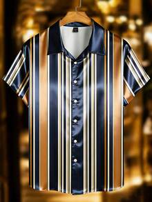 Manfinity RSRT 男士条纹印花短袖休闲衬衫，丝滑缎面衬衫，短袖纽扣衬衫，轻薄夏季衬衫，适合海滩、办公室和休闲外出，送给爱人、家人和男友的最佳礼物 - 彩色 - 查看 3