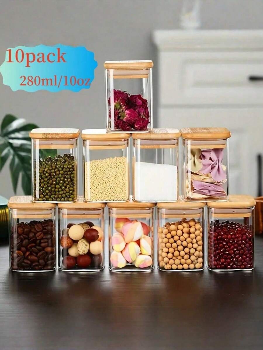 10个方形高硼硅玻璃密封罐，糖/饼干/食品/香料储存罐，带竹盖 - 10盎司透明玻璃散装食品罐，适用于茶叶、咖啡豆、香料、谷物、燕麦，厨房装饰，节日/婚礼礼物 - 白色 - 查看 1
