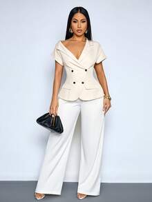 SOLERSUN Blazer Feminino de Manga Curta com Colarinho Assimétrico e Ajuste Slim, Modelo Elegante para Escritório e Uso Diário, Blazer Slim-Fit para Escritório/Festa para Mulheres - Damasco - Visão 5
