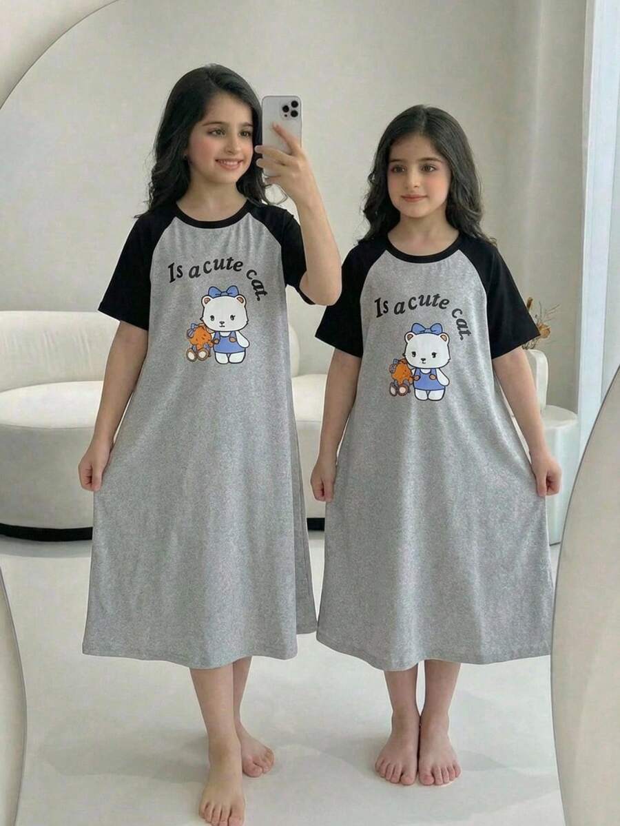 青少年女孩春夏休閒家居服 灰色與黑色拼接可愛貓咪卡通印花短袖睡裙 童裝 - 淺灰色 - 查看 1
