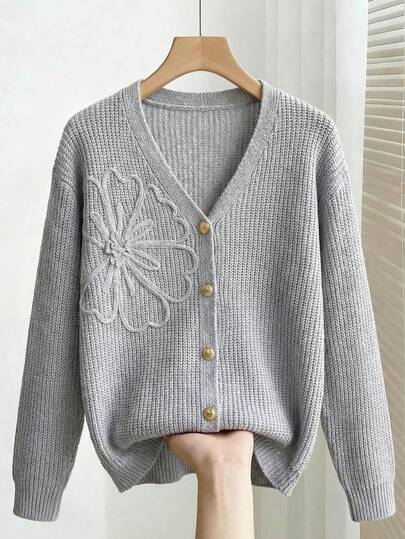 Ritzy Row 早春新款时尚休闲通勤百搭重工串珠装饰圆领长袖插肩袖浅灰色女式短袖针织上衣