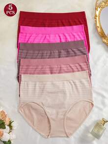SHEIN 5PCS Women Plus Size Comfy Stretch High Waisted Striped Seamless Full-Coverage Panties - Multicolor - View 4