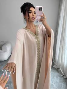 Elenzga Middle Eastern Style Embroidered V-Neck Loose Batwing Sleeve Maxi Dress - Apricot - View 4
