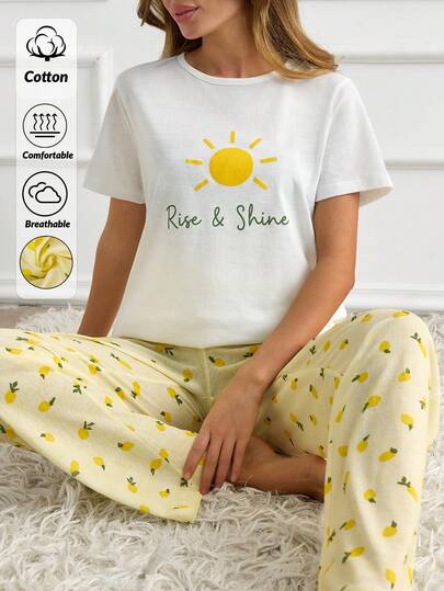 SHEIN Mediterranean Chic: 'Rise & Shine' Sun Graphic Tee & Allover Lemon Print Wide-Leg Pajama Set