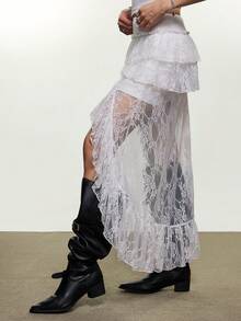 Rina Fox Women's Asymmetrical Design Lace Ruffled Y2K Mini Skirt, Sexy Denim Style, Suitable For Concerts, Parties, Spring/Summer - White - View 4