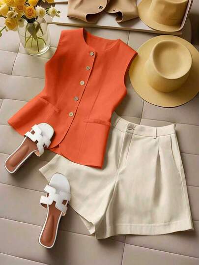 SHEIN Set de 2 piezas de chaleco y pantalones cortos con estampado de monedas vintage para adolescentes, conjunto casual cómodo para uso diario y vacaciones de verano