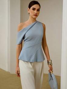 ZEYLAH 女士优雅纯色不对称领口贴身上衣 - 藍色 - 查看 7
