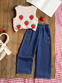 2pcs/Set Tween GirlsKnitted Strawberry Top & Embroidered Denim Pants, Suitable For Summer Wear - Beige - View 4