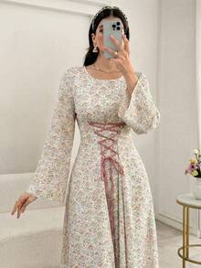 Yasmyna Women's Apricot Woven Floral Print Long Sleeve Tie-Waist A-Line Elegant Arabic Dress, Spring/Summer - Pink - View 8