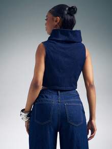 Denimoi High Neck Fold Over Denim Top Sleeveless Crop Top Fashionable Streetwear Cropped Denim Top - Dark Wash - View 5