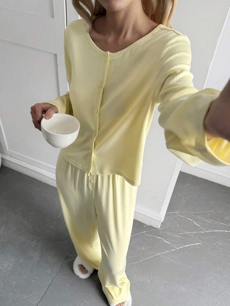 Women's Solid Color Long Sleeve Top And Long Pants 2 Pieces Set